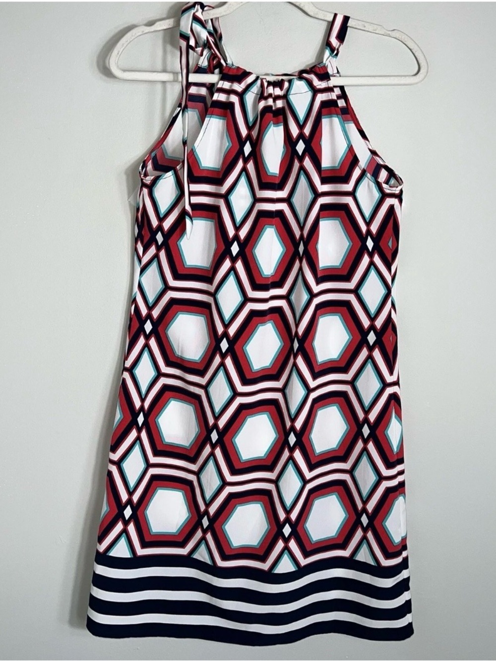 crown & ivy Geometric Halter Mini Dress in Red, White & Teal